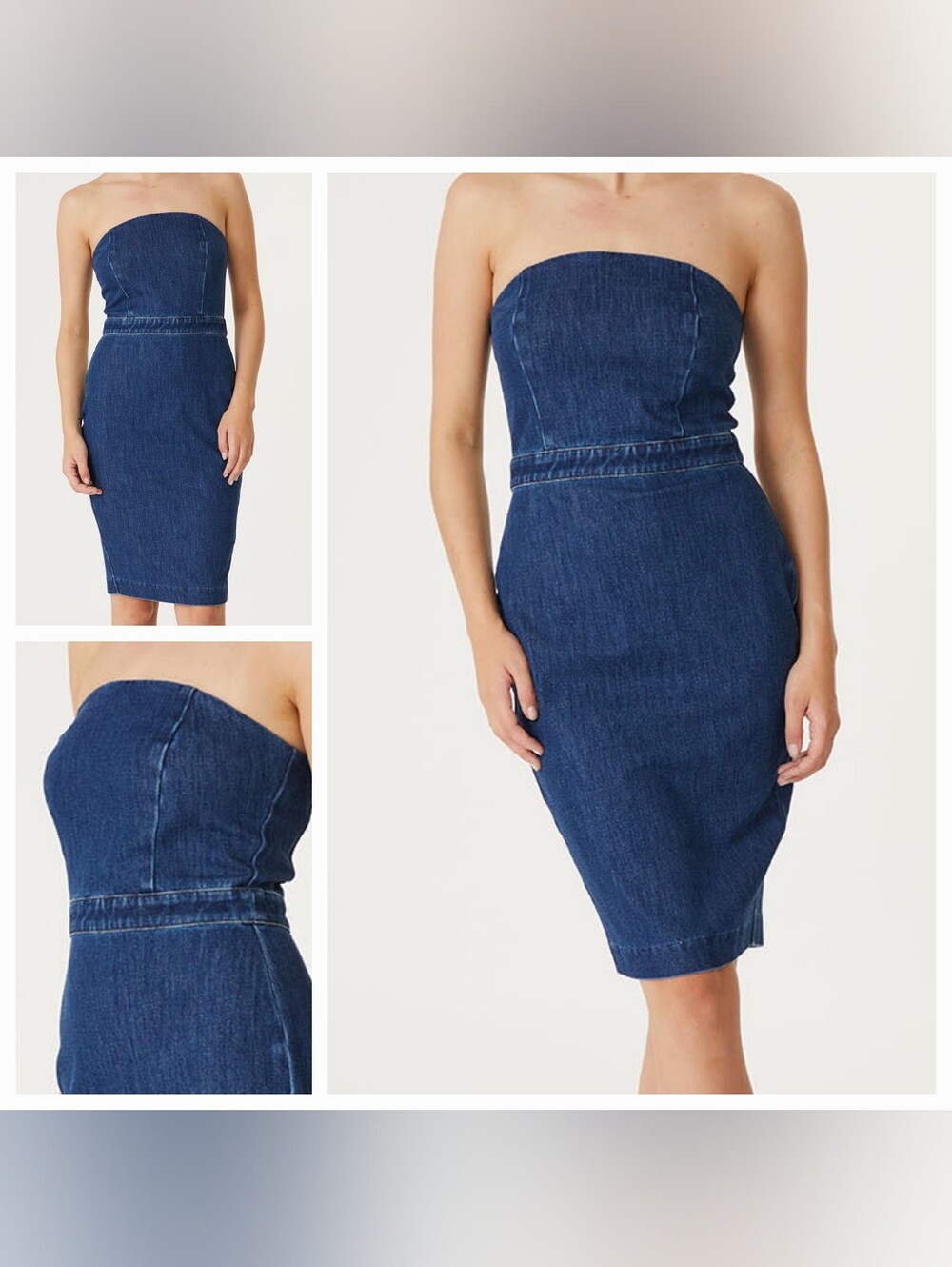 J.Crew dark wash strapless denim midi dress featuring structured panel tailoring